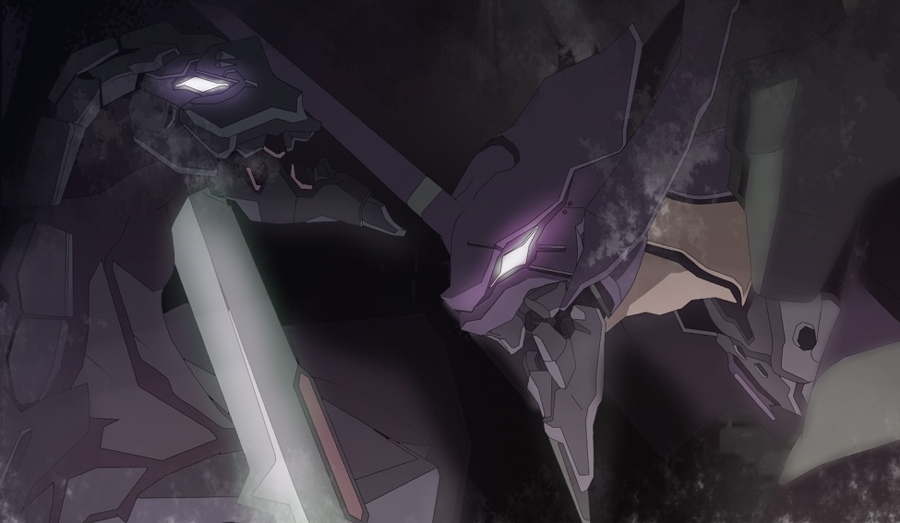 yoshioka yoshiko, eva 01, eva 03, neon genesis evangelion, blurry, breath, dark, glowing, glowing eye, glowing eyes, grey eyes, horns, humanoid robot, mecha, no humans, robot, single horn, upper body