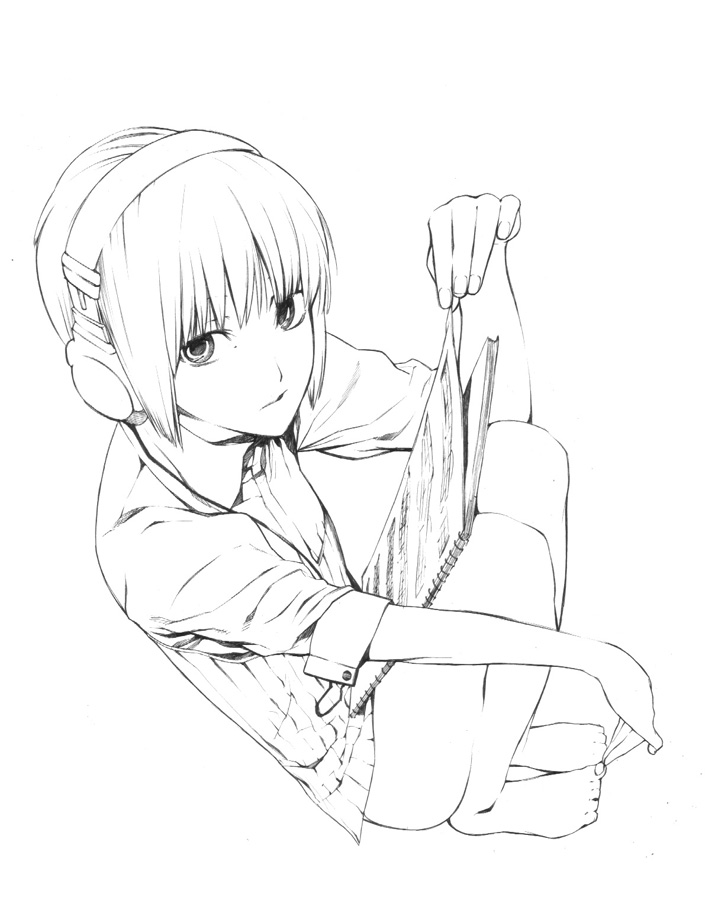 onigunsou, original, barefoot, feet, greyscale, hands on feet, headphones, monochrome, solo