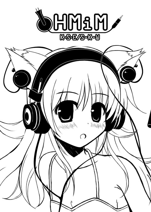 kazumasa, original, tagme, animal ears, cat ears, greyscale, headphones, monochrome, solo