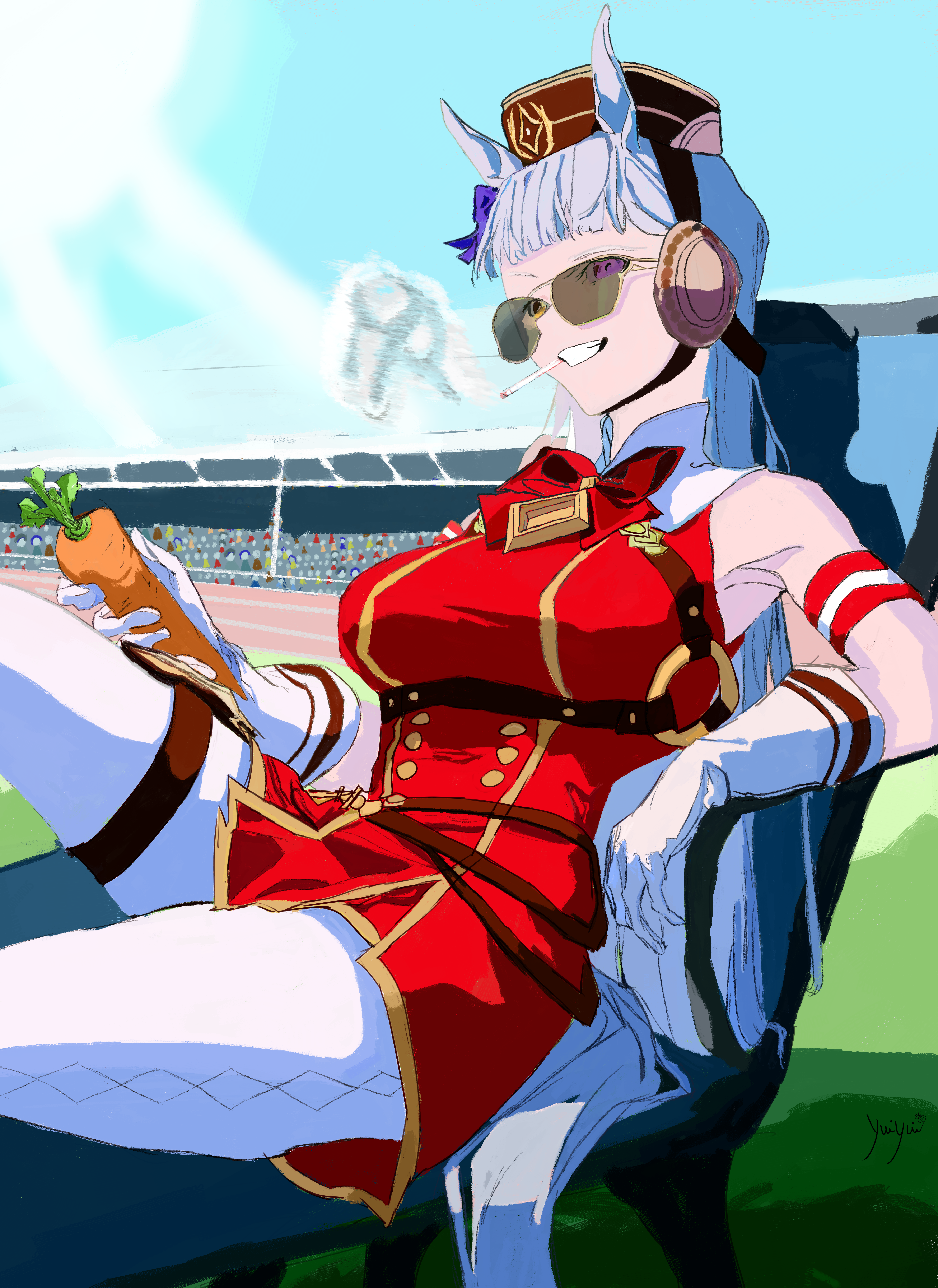 gold ship (umamusume), umamusume, absurdres, highres, 1girl, animal ears, blunt bangs, breasts, chair, dress, hat, horse girl, long hair, looking at viewer, lounge chair, pantyhose, pillbox hat, red dress, red ribbon, ribbon, smile, smoke, sunglasses, white hair, white pantyhose, yuiyui (yuiyuiloveslys)