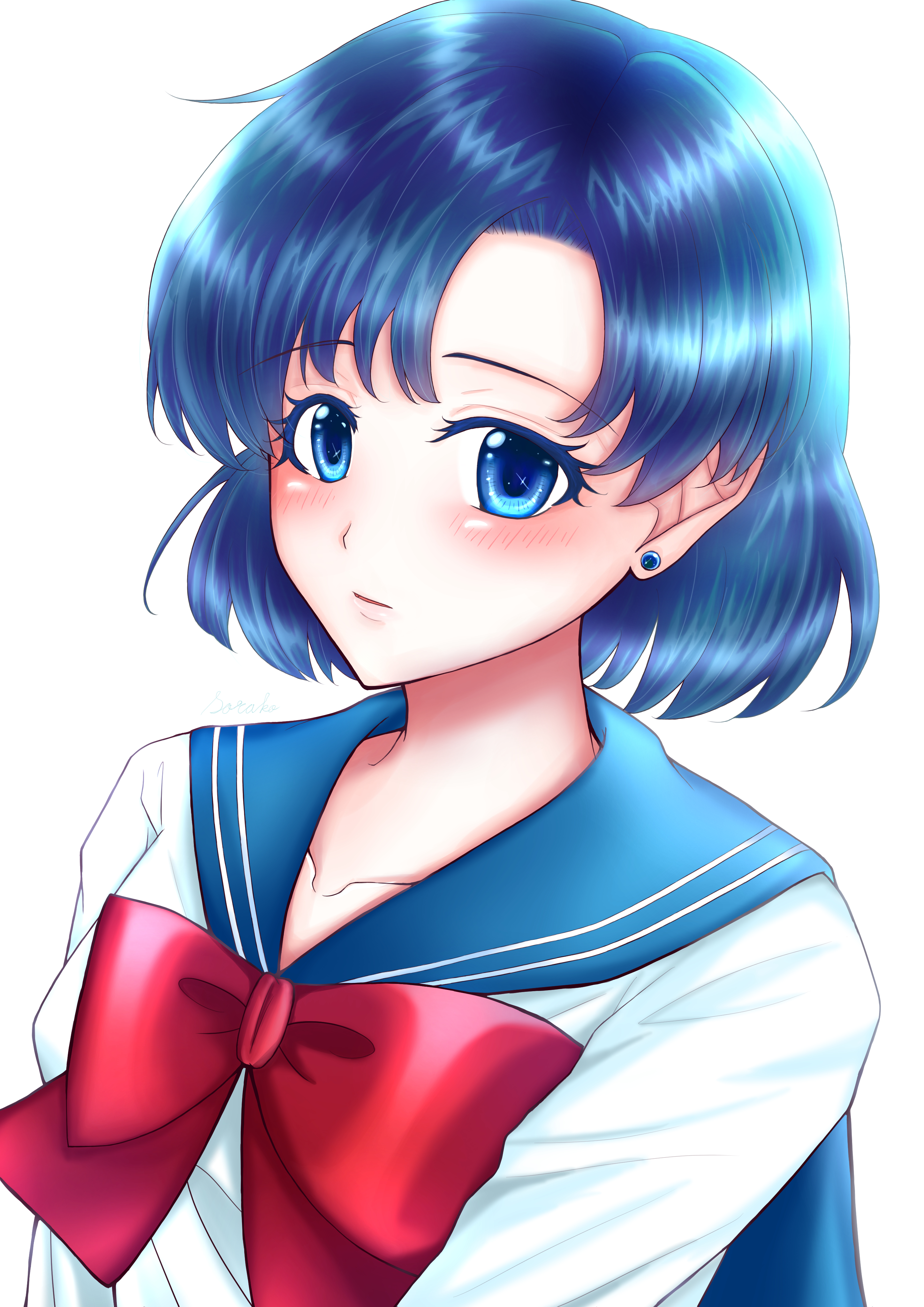 bluechocomint, mizuno ami, bishoujo senshi sailor moon, absurdres, highres, blue eyes, blue hair, blue sailor collar, blush, bow, jewelry, juuban middle school uniform, parted bangs, red bow, sailor collar, school uniform, serafuku, shirt, short hair, simple background, white background, white shirt