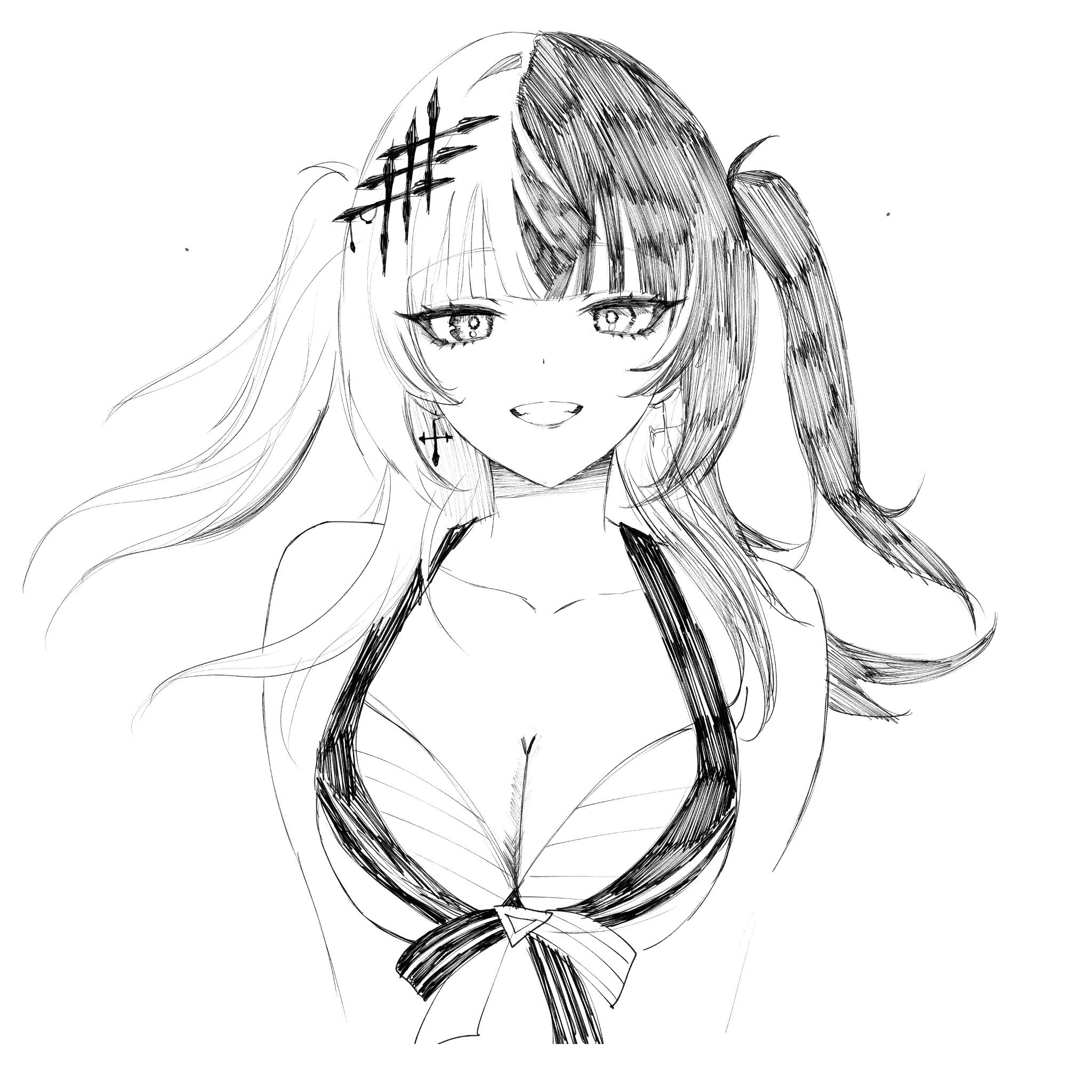 diamon (diamonmurly), shiori novella, hololive, hololive english, commentary, english commentary, highres, 1girl, breasts, earrings, greyscale, grin, hololive summer 2023 swimsuit, jewelry, large breasts, long hair, looking at viewer, monochrome, multicolored hair, smile, solo, split-color hair, twintails, virtual youtuber
