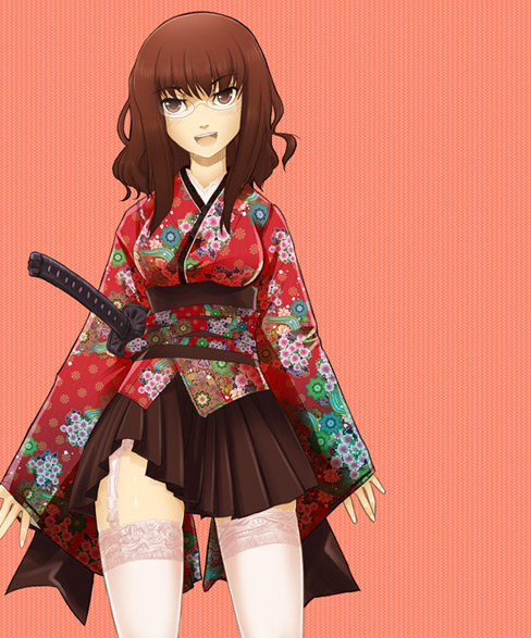 mk (mod0), kikuko (kazu), original, 1girl, brown eyes, brown hair, female focus, garter belt, garter straps, glasses, japanese clothes, katana, kimono, kimono skirt, lingerie, smile, solo, sword, thighhighs, underwear, weapon, zettai ryouiki