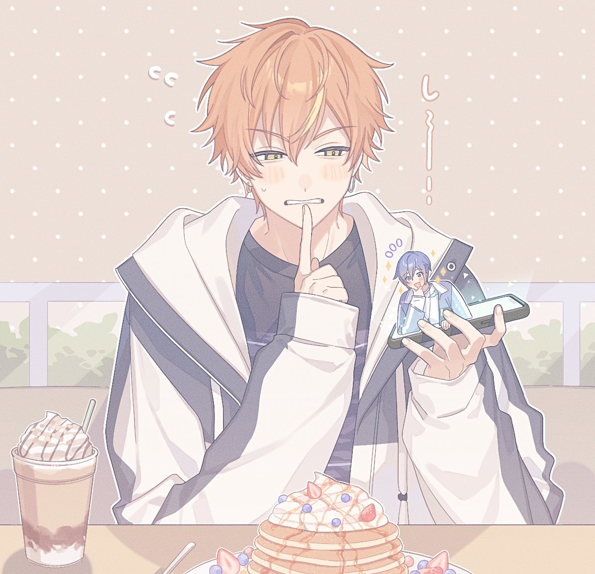 akii 0915, kaito (vocaloid), shinonome akito, vivid bad squad kaito, project sekai, vocaloid, commentary request, 2boys, black shirt, blue hair, blue jacket, blueberry, crew neck, cup, disposable cup, dotted background, drinking straw, finger to mouth, food, fork, fruit, hair between eyes, hood, hood down, hooded jacket, jacket, long sleeves, looking to the side, male focus, multicolored hair, multiple boys, notice lines, open clothes, open jacket, open mouth, orange hair, pancake, pancake stack, parted bangs, parted lips, shirt, shushing, sideways glance, sitting, sparkle, sparkling aura, strawberry, streaked hair, table, teeth, whipped cream, white shirt, yellow eyes