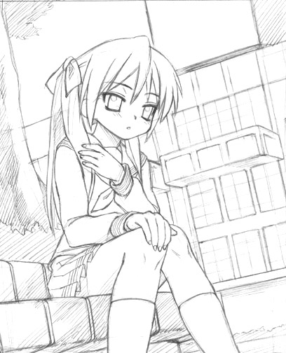 oryo (oryo04), hiiragi kagami, lucky star, unfinished, 00s, greyscale, monochrome, sketch, solo, tsurime