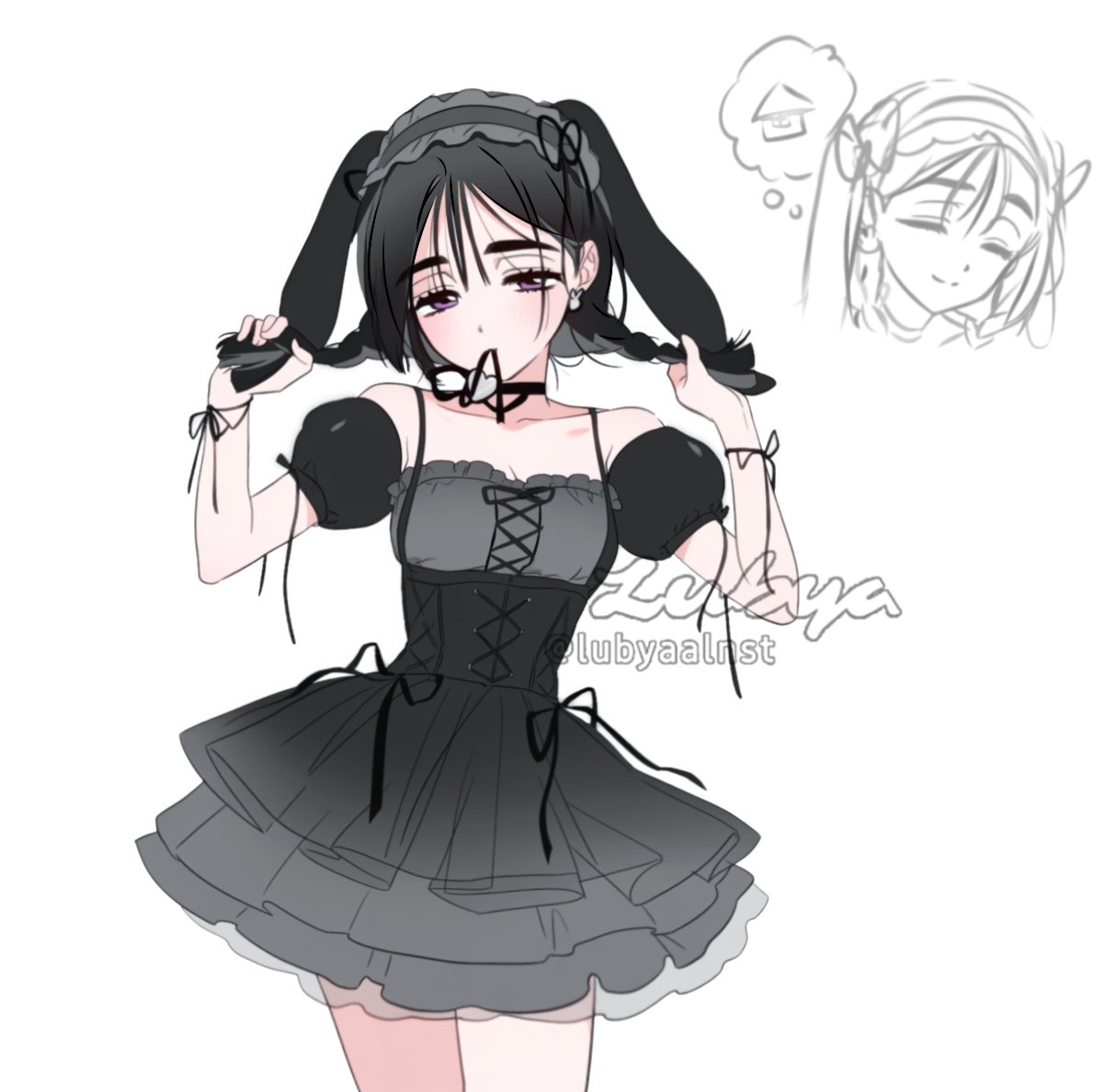 sua (alien stage), alien stage, commentary, hashtag-only commentary, 1girl, animal ears, black choker, black dress, black hair, black hairband, black ribbon, braid, choker, dress, earrings, fake animal ears, frilled dress, frilled hairband, frills, hairband, heart, holding, holding own hair, jewelry, long hair, lubya, mouth hold, official alternate costume, puffy short sleeves, puffy sleeves, purple eyes, rabbit earrings, rabbit ears, ribbon, ribbon choker, ribbon in mouth, short sleeves, signature, solo, twin braids, twitter username, wrist ribbon