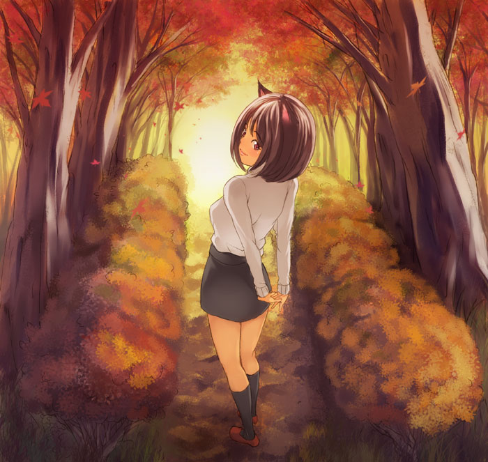 maimu, original, 1girl, animal ears, autumn, back, cat ears, cat girl, female focus, looking at viewer, looking back, nature, outdoors, scenery, solo