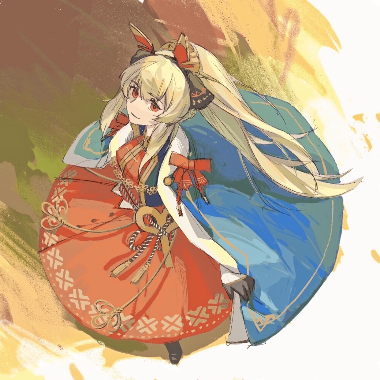 teslan, weedy (arknights), weedy (candy cape) (arknights), arknights, chinese commentary, commentary request, highres, 1girl, black gloves, blonde hair, blue cape, cape, closed mouth, dress, from above, full body, gloves, half gloves, long hair, looking at viewer, official alternate costume, orange dress, orange eyes, ponytail, smile, solo, standing