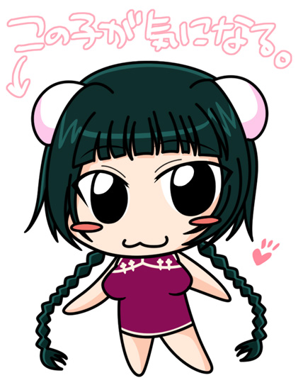 wang liu mei, gundam, gundam 00, translated, 00s, 1girl, :3, breasts, bun cover, chibi, china dress, chinese clothes, double bun, dress, female focus, hair bun, medium breasts, solo