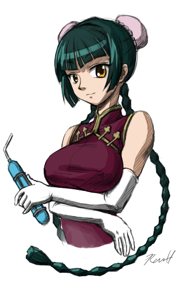wang liu mei, gundam, gundam 00, artist request, 00s, 1girl, breasts, bun cover, china dress, chinese clothes, double bun, dress, elbow gloves, female focus, gloves, hair bun, large breasts, solo