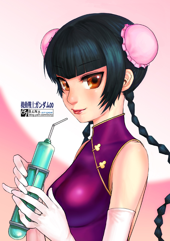 wang liu mei, gundam, gundam 00, artist request, 00s, 1girl, breasts, bun cover, china dress, chinese clothes, double bun, dress, elbow gloves, female focus, gloves, hair bun, medium breasts, solo