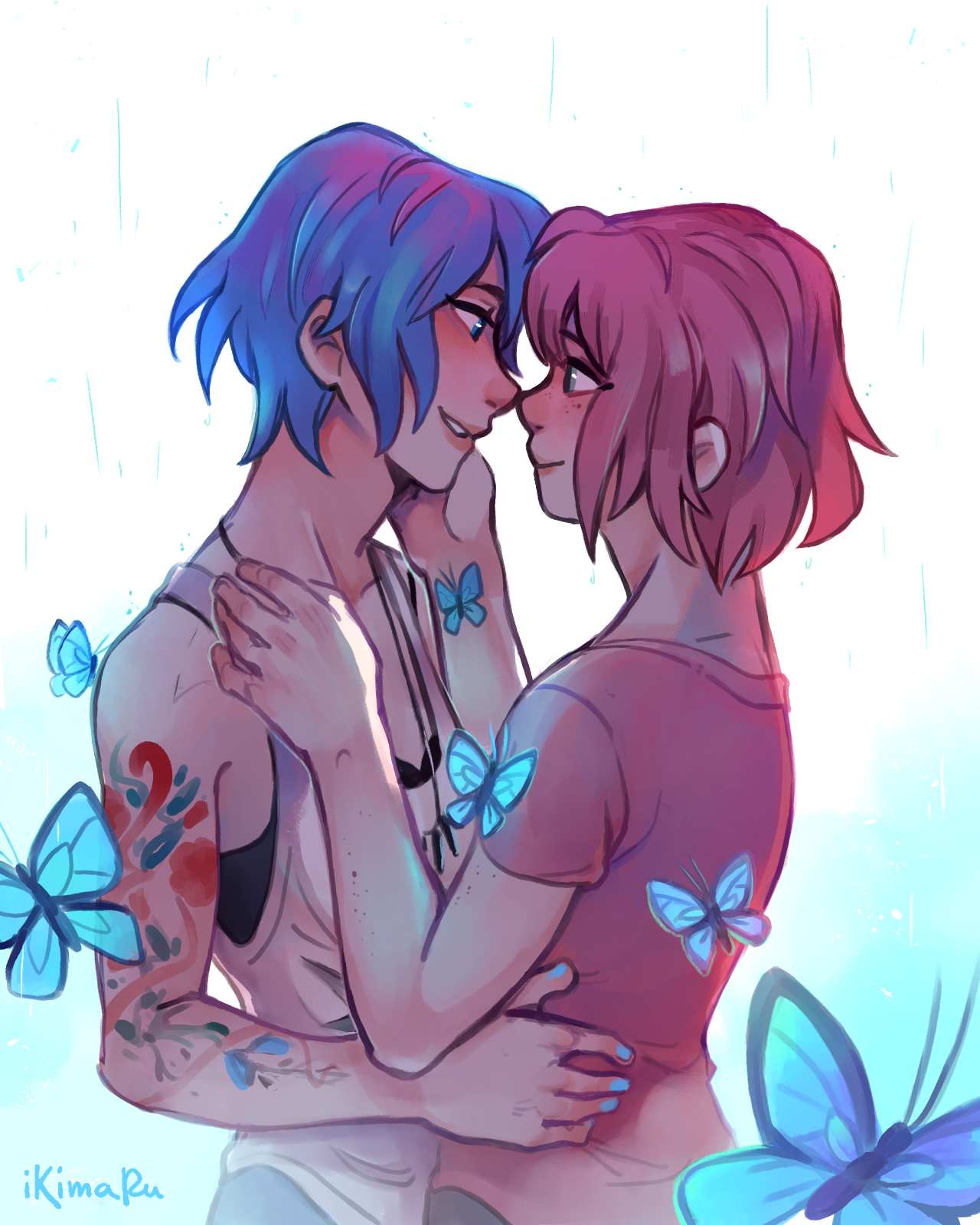 ikimaru, chloe price, max caulfield, life is strange (series), life is strange 1, highres, 2girls, arm tattoo, artist name, blue butterfly, blue hair, brown hair, bug, butterfly, insect, multiple girls, pink shirt, shirt, short hair, short sleeves, tank top, tattoo, upper body, white tank top, yuri