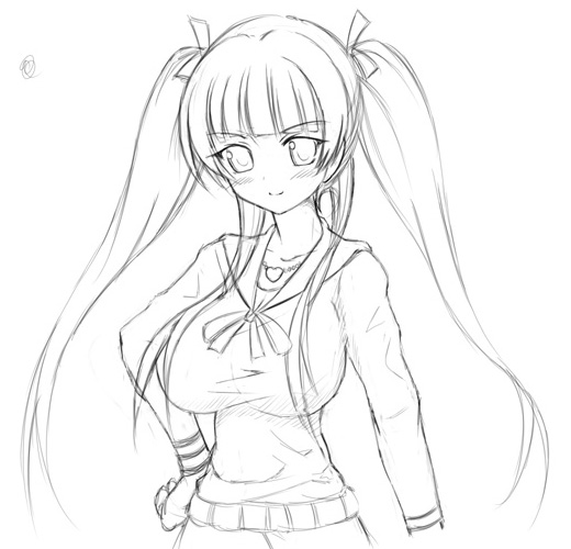 wang liu mei, gundam, gundam 00, 00s, 1girl, blush, breasts, female focus, greyscale, hand on own hip, large breasts, long hair, monochrome, simple background, sketch, smile, solo, twintails, white background