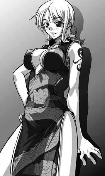 kagami hirotaka, nami (one piece), one piece, 1girl, breasts, china dress, chinese clothes, cleavage, dress, female focus, greyscale, large breasts, monochrome, side slit, solo, tattoo