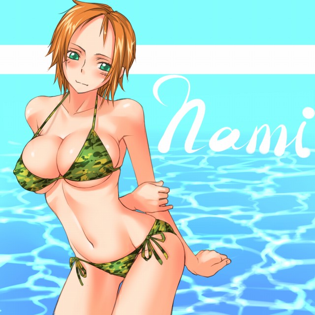 mosha, nami (one piece), one piece, 1girl, bikini, breasts, camouflage, camouflage bikini, character name, cleavage, female focus, green bikini, medium breasts, short hair, side-tie bikini bottom, solo, swimsuit