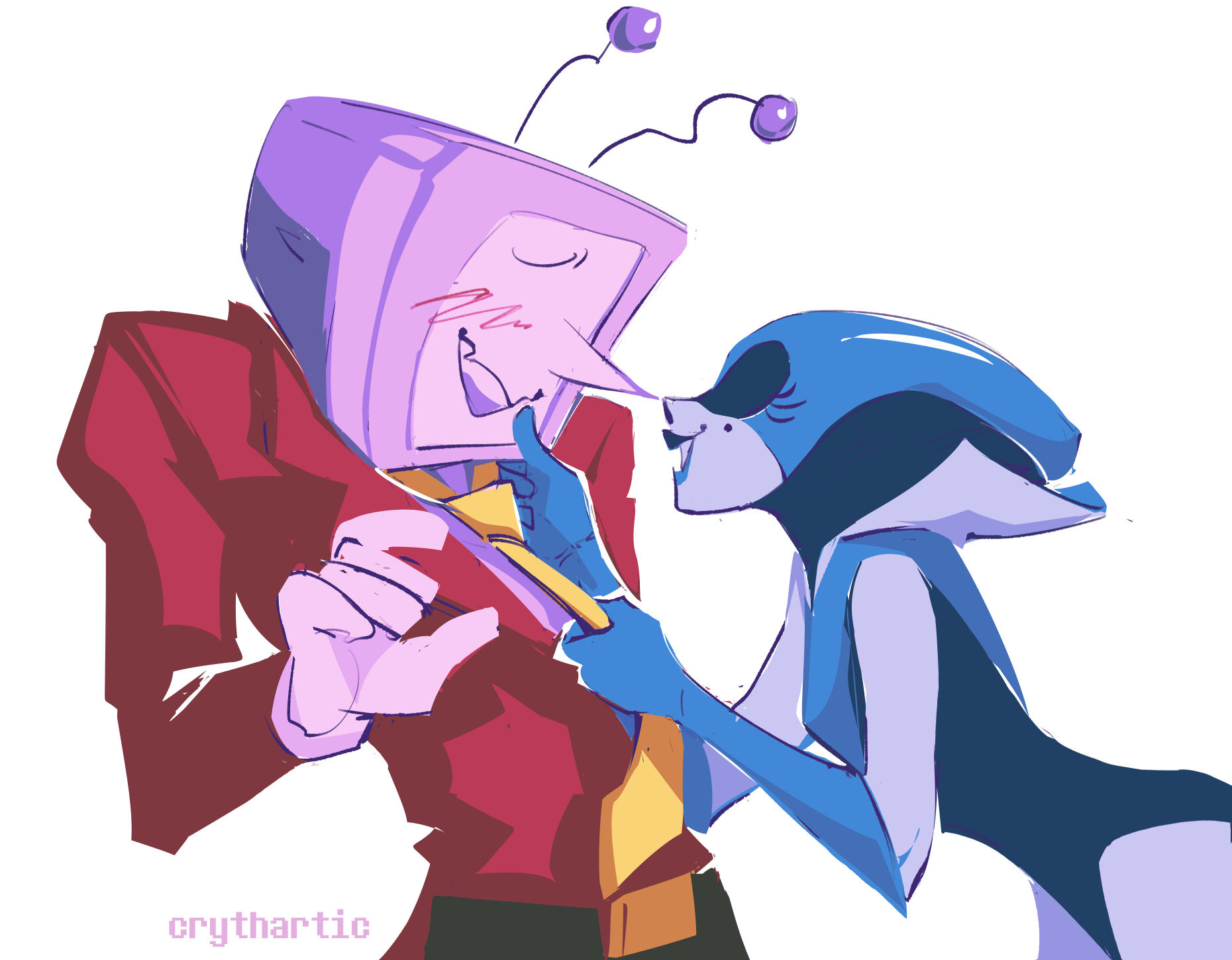 ant tenna, queen (deltarune), deltarune, utdr (toby fox), commentary, english commentary, highres, 1boy, 1girl, artist name, blue gloves, blush, clothes grab, colored skin, crythartic, elbow gloves, eyelashes, formal clothes, gloves, hetero, holding, leaning forward, long nose, long sleeves, mole, mole under eye, necktie, necktie grab, neckwear grab, object head, pants, pointy nose, radio antenna, red suit, smile, suit, tailcoat, thumb to mouth, white skin, yellow necktie