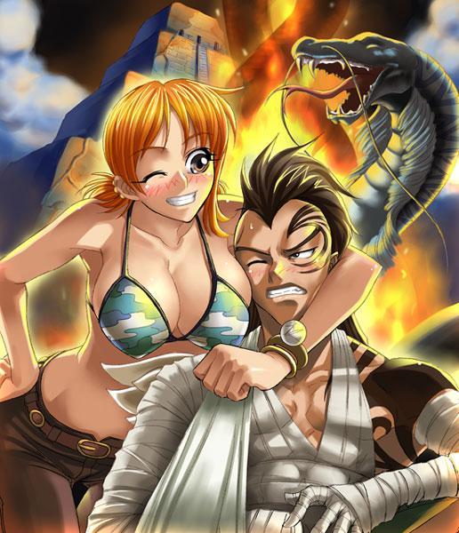 kagami hirotaka, nami (one piece), nami (one piece) (skypiea), nola (one piece), wiper, one piece, 1boy, 1girl, animal, arm around neck, bandages, bangle, bare shoulders, belt, bikini, bikini top only, blush, bracelet, breast press, breasts, brown eyes, brown hair, cleavage, denim, dragon, facial tattoo, fangs, fire, forked tongue, giant snake, grin, hand on own hip, jeans, jewelry, large breasts, log pose, long hair, midriff, mohawk, monster, one eye closed, orange hair, oversized animal, pants, short hair, short twintails, skypiea, smile, snake, swimsuit, tattoo, teeth, temple, tongue, twintails, wink