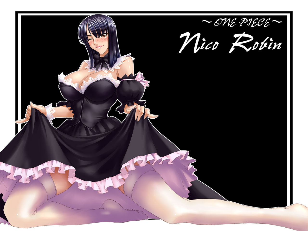 kagami hirotaka, nico robin, one piece, 1girl, black background, black dress, black hair, blush, bow, breasts, character name, copyright name, dress, female focus, huge breasts, maid, one eye closed, smile, solo, thighhighs, wink