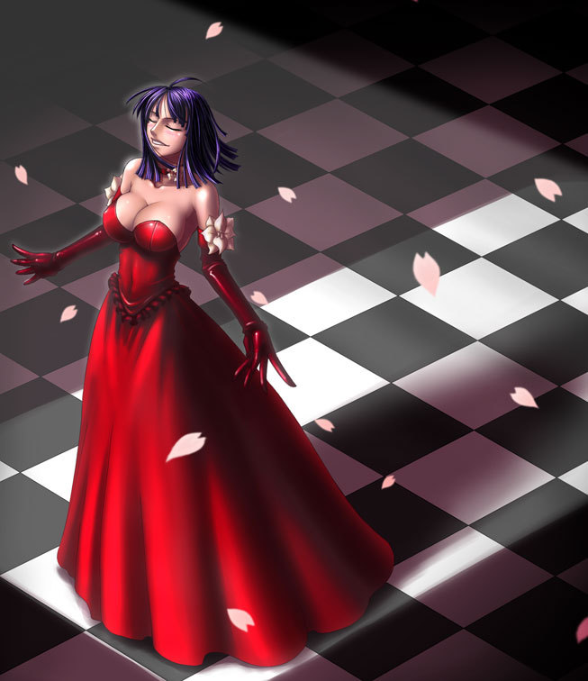 kagami hirotaka, nico robin, one piece, 1girl, bare shoulders, blush, breasts, checkered background, choker, cleavage, closed eyes, dress, elbow gloves, female focus, gloves, gown, parted lips, petals, red dress, red gloves, shade, solo, standing, strapless, strapless dress