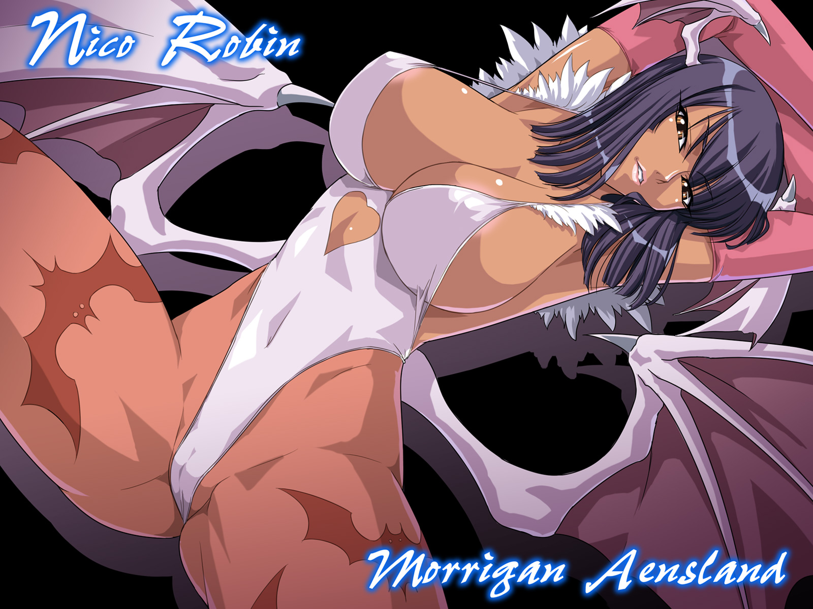kagami hirotaka, morrigan aensland, nico robin, capcom, darkstalkers, one piece, highres, 1girl, alternate color, animal print, areola slip, armpits, arms up, bare shoulders, bat print, bat wings, black background, black hair, breasts, bridal gauntlets, cameltoe, character name, cleavage, clothing cutout, cosplay, covered erect nipples, covered navel, cowboy shot, crossed arms, crotch, dark-skinned female, dark skin, demon girl, dutch angle, elbow gloves, female focus, from above, fur trim, gloves, head tilt, head wings, heart, heart cutout, highleg, highleg leotard, huge breasts, leotard, light areolae, lipstick, looking at viewer, lying, makeup, morrigan aensland (cosplay), naughty face, navel, on back, pantyhose, pink pantyhose, print pantyhose, seductive smile, shadow, short hair, sideboob, simple background, smile, solo, spread legs, strap gap, thick thighs, thighs, white background, wide hips, wings, yellow eyes