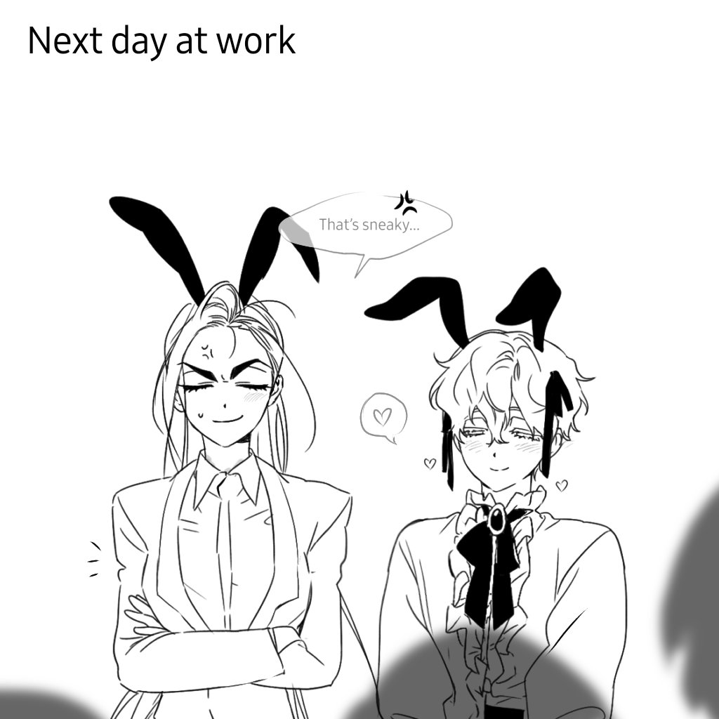 hyuna (alien stage), luka (alien stage), alien stage, commentary, english commentary, 1boy, 1girl, anger vein, animal ears, bow, bowtie, center frills, closed eyes, collared shirt, crossed arms, english text, frills, greyscale, jacket, lineart, long hair, lubya, monochrome, official alternate costume, rabbit ears, shirt, short hair, suit jacket