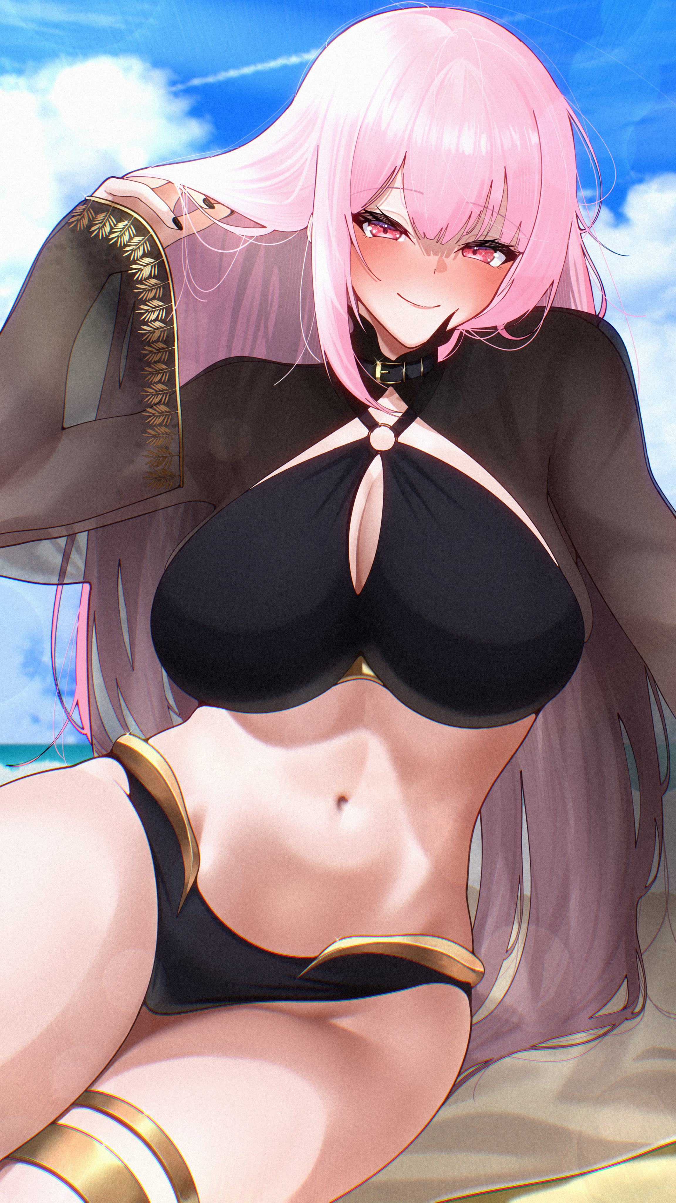 404 (pixiv 94263879), mori calliope, mori calliope (holonatsu paradise), hololive, hololive english, absurdres, highres, 1girl, beach, bikini, black bikini, black nails, blue sky, breasts, cleavage, closed mouth, cloud, cloudy sky, day, gold thighlet, large breasts, long hair, looking at viewer, navel, official alternate costume, outdoors, pink eyes, pink hair, sky, smile, solo, swimsuit, virtual youtuber
