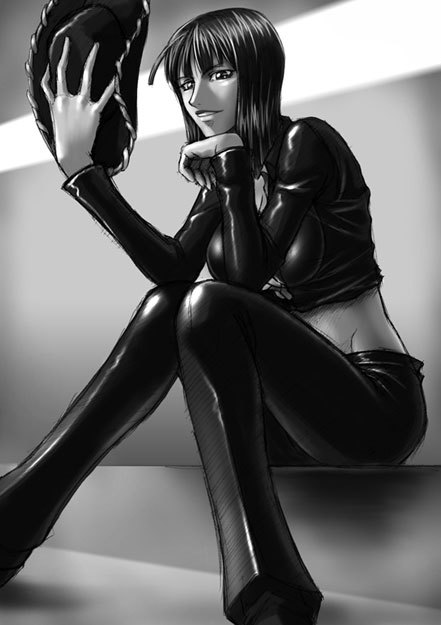 kagami hirotaka, nico robin, one piece, 1girl, black hair, cowboy hat, female focus, greyscale, hat, jacket, jaya, leather, leather jacket, leather pants, long sleeves, looking at viewer, midriff, monochrome, navel, pants, shiny clothes, short hair, sitting, smile, solo