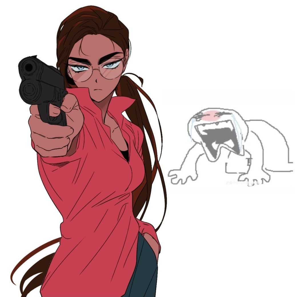 hyuna (alien stage), alien stage, commentary, english commentary, 1girl, aiming, breasts, collared shirt, dark-skinned female, dark skin, glasses, grey eyes, gun, hand in pocket, holding, holding gun, holding weapon, long hair, long sleeves, lubya, ponytail, red shirt, shirt, solo, very long hair, weapon