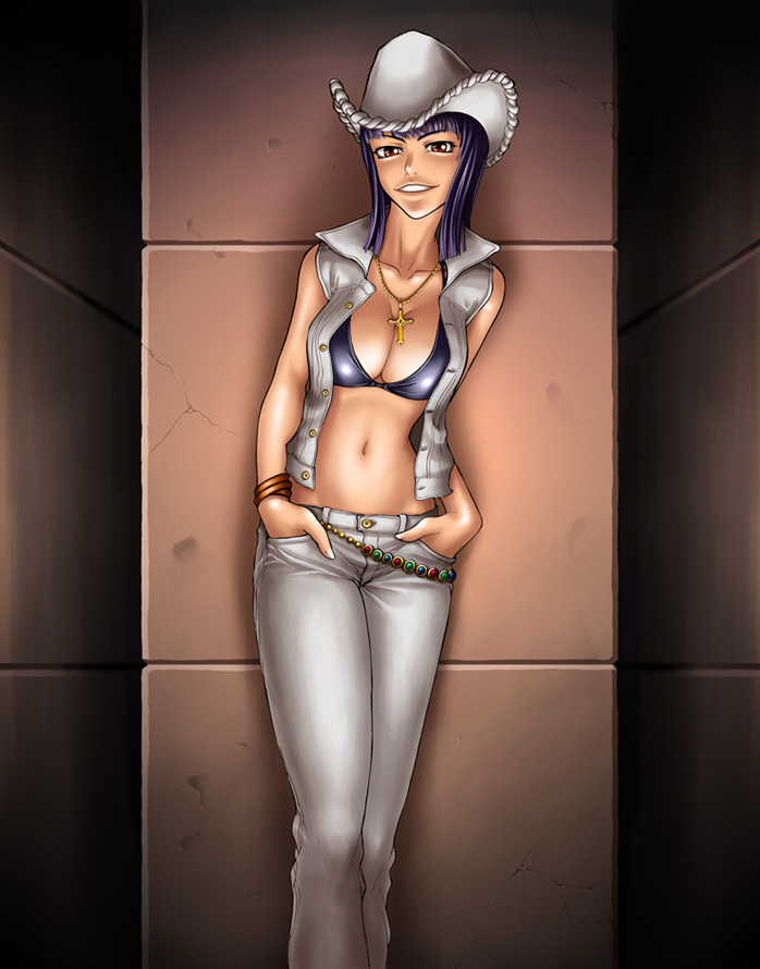 kagami hirotaka, nico robin, one piece, 1girl, alabasta, alternate costume, bare shoulders, belt, breasts, brown eyes, cleavage, cowboy hat, cross, denim, female focus, hands in pockets, hat, hip focus, jeans, long hair, midriff, navel, pants, purple hair, smile, solo