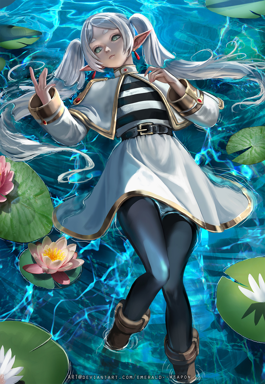 emerald-weapon, frieren, sousou no frieren, highres, 1girl, belt, black belt, black pantyhose, capelet, closed mouth, earrings, elf, flower, green eyes, grey hair, jewelry, lily pad, long hair, lying, on back, pantyhose, pointy ears, shirt, skirt, solo, striped clothes, striped shirt, twintails, water, water lily flower, watermark, web address, white capelet, white skirt