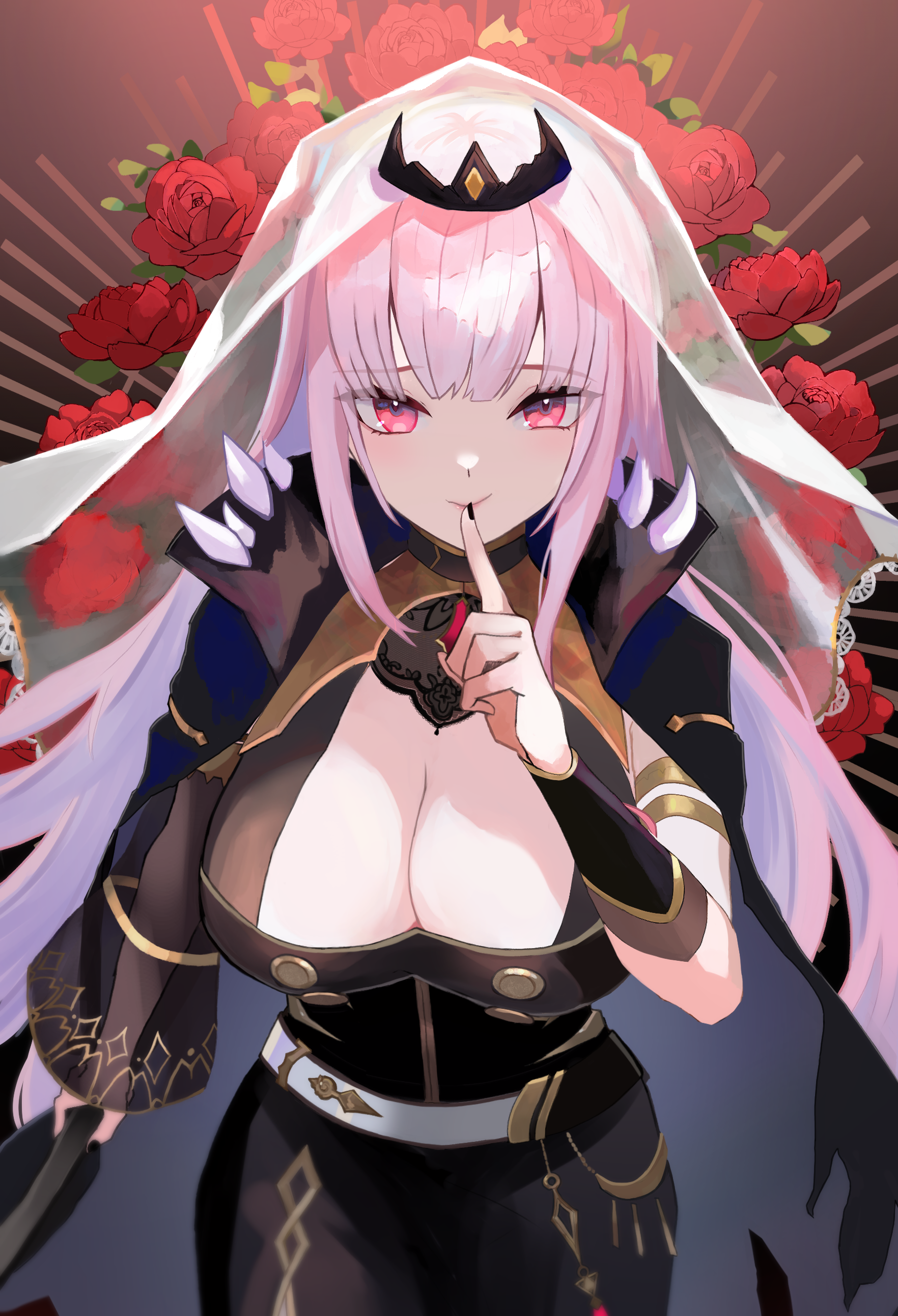 miei, mori calliope, mori calliope (1st costume), hololive, hololive english, absurdres, highres, 1girl, black cape, black dress, black nails, black tiara, breasts, cape, cleavage, dress, finger to mouth, floral background, flower, large breasts, long hair, looking at viewer, pink eyes, pink hair, red flower, red rose, rose, shushing, solo, spiked cape, tiara, veil, virtual youtuber