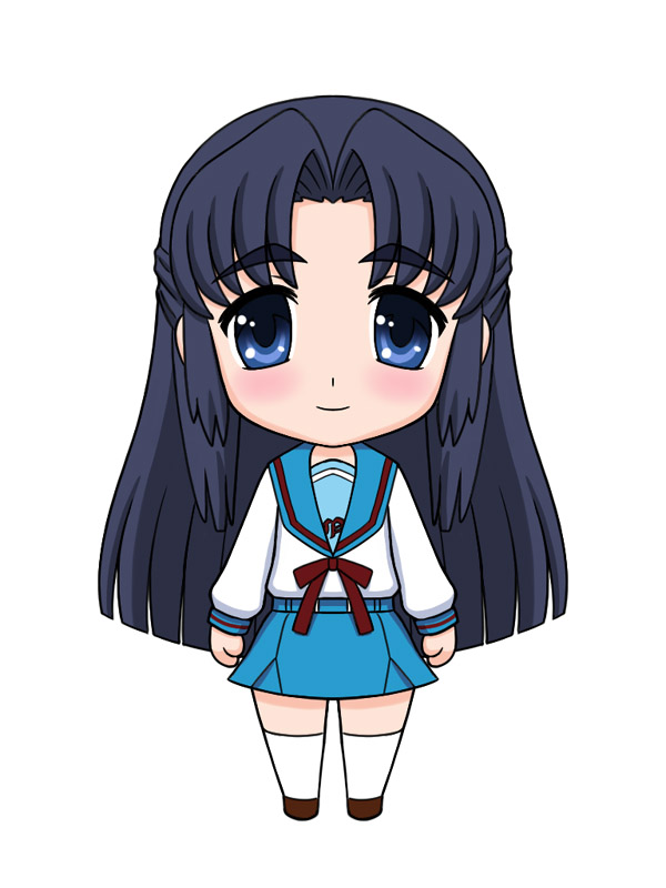 tofu juuji, asakura ryoko, suzumiya haruhi no yuuutsu, 00s, blue eyes, blue hair, blush, chibi, long hair, school uniform, serafuku, solo
