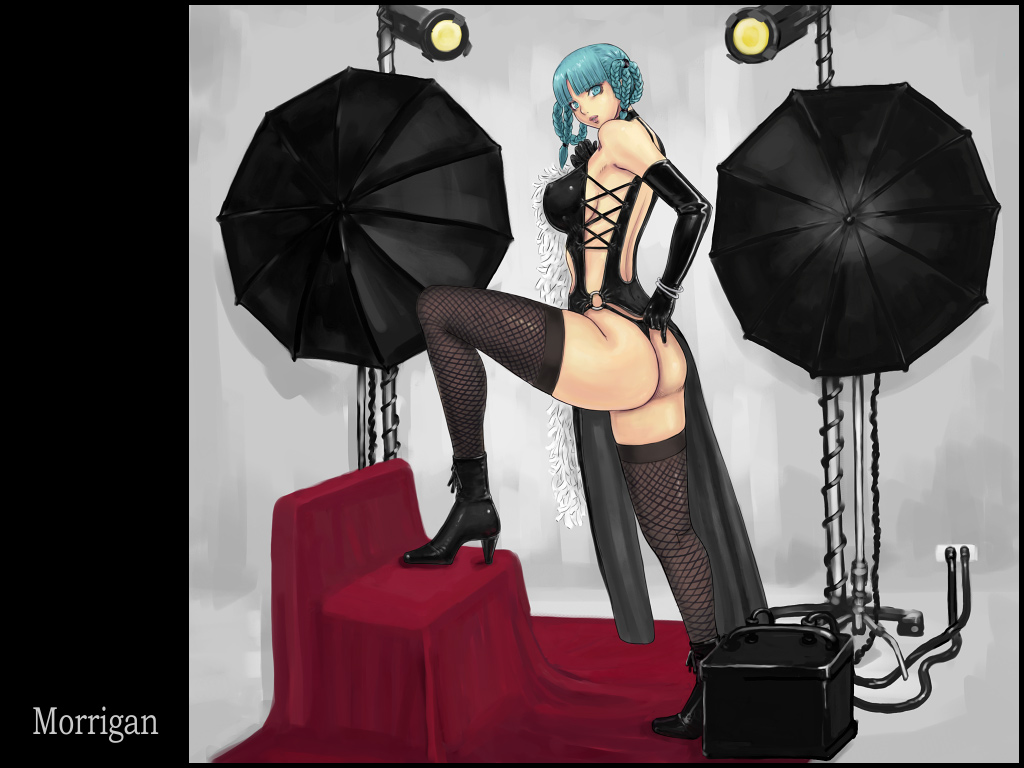 ark (morita hitomi), lei fang, morrigan aensland, darkstalkers, dead or alive, tecmo, 1girl, ass, black thighhighs, breasts, character name, cosplay, dress, elbow gloves, female focus, gloves, high heels, large breasts, latex, latex dress, latex gloves, lei fang (cosplay), pelvic curtain, shoes, solo, thighhighs