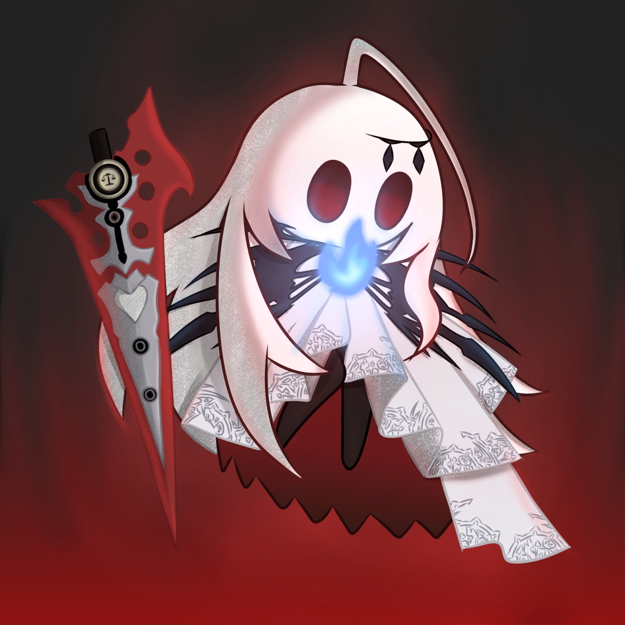 yibai002, elizabeth rose bloodflame, hollow knight, hololive, hololive english, highres, 1girl, ahoge, black background, blue fire, dress, fire, gradient background, long hair, multicolored hair, red background, red eyes, red hair, sword, virtual youtuber, weapon