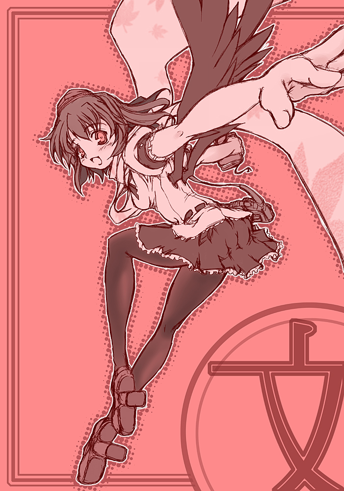 hase nanase, shameimaru aya, touhou, 1girl, black pantyhose, female focus, geta, legs, monochrome, pantyhose, pink theme, solo, tengu-geta