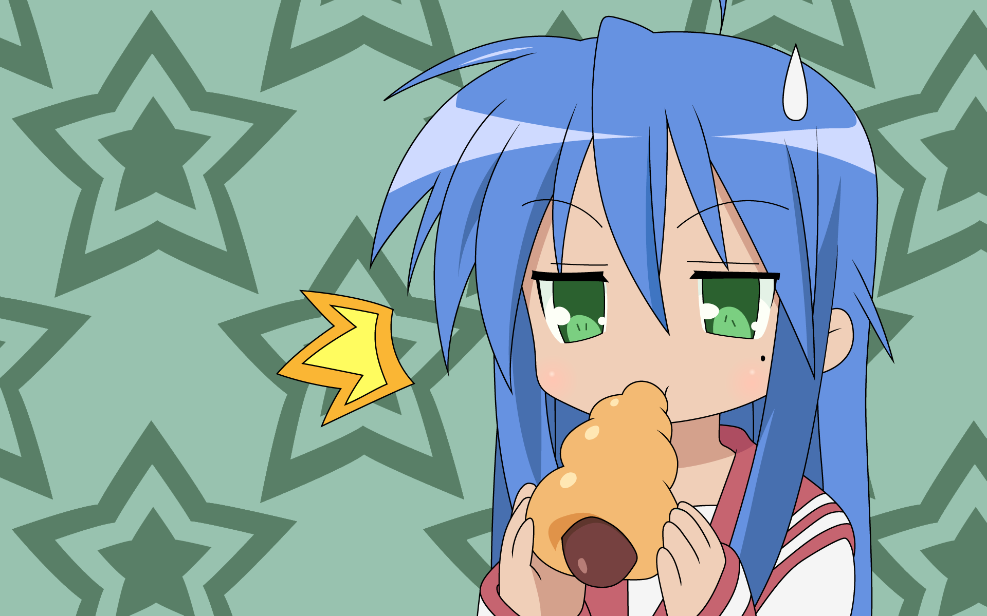 izumi konata, lucky star, highres, 00s, 1girl, blue hair, chocolate cornet, female focus, food, green eyes, long hair, mole, mole under eye, school uniform, serafuku, solo