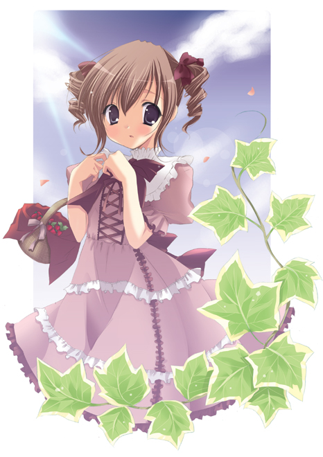 miyasaka miyu, 1girl, basket, blue eyes, blush, bow, bowtie, brown hair, cross-laced clothes, day, dress, drill hair, female focus, food, frilled dress, frills, fruit, hair bow, leaf, looking at viewer, puffy short sleeves, puffy sleeves, short sleeves, sky, solo, strawberry, twin drills
