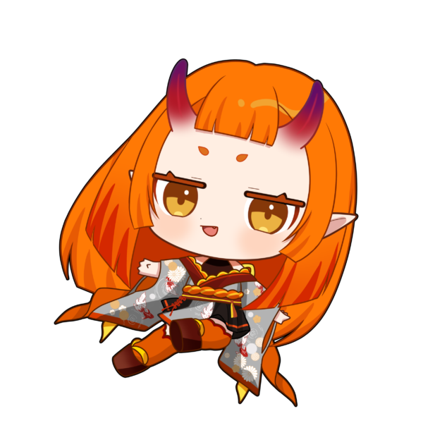 bond en, artist request, 1girl, animal print, blush, bondlive, chibi, chibi only, fish print, full body, gradient horns, grey kimono, horns, japanese clothes, jitome, kimono, long hair, looking at viewer, multicolored horns, okobo, okonomi aki, orange hair, orange thighhighs, platform sandals, pointy ears, sandals, simple background, solo, thighhighs, transparent background, very long hair, virtual youtuber, wide sleeves, yellow eyes