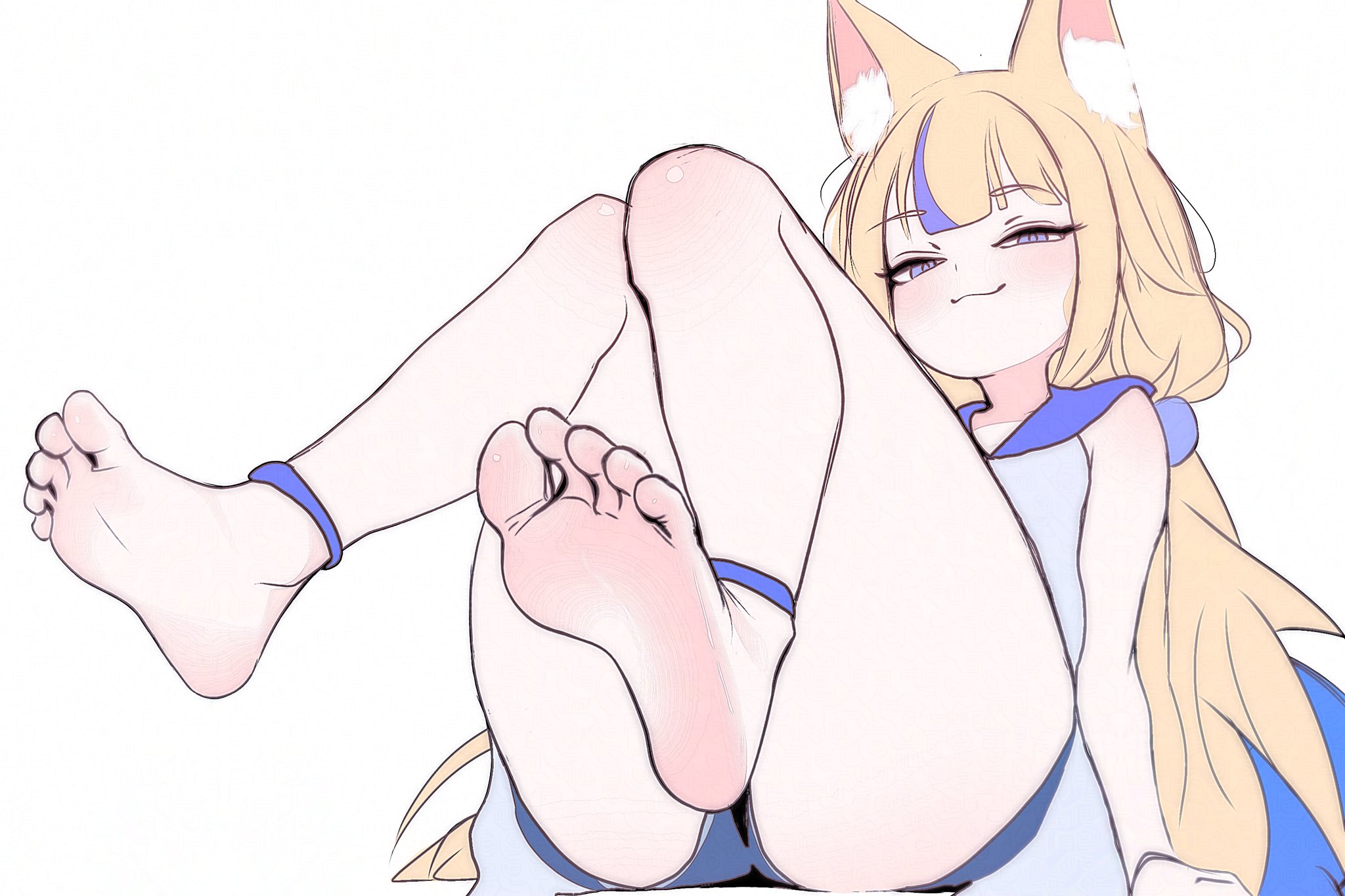 esmile, sameko saba, indie virtual youtuber, highres, 1girl, :3, animal ear fluff, animal ears, blonde hair, blue eyes, blue shorts, blue streaks, cat ears, closed mouth, feet up, knees up, long hair, looking at viewer, shorts, simple background, solo, virtual youtuber, white background