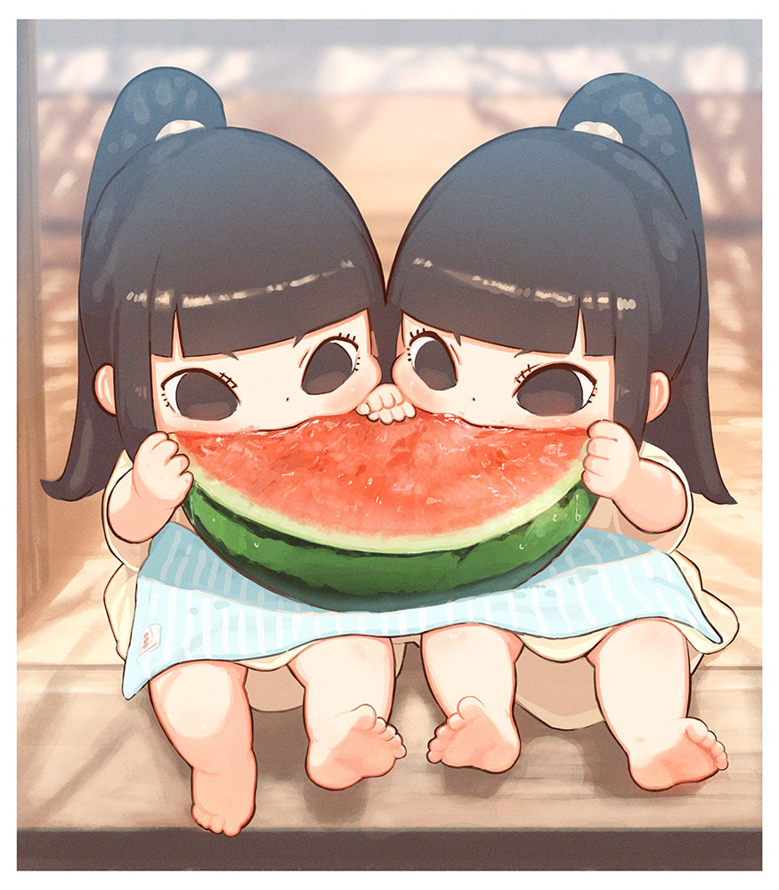 kozato (yu kozato), original, commentary request, 2girls, barefoot, black hair, blurry, blurry background, brown eyes, depth of field, dress, eating, food, holding, holding food, multiple girls, ponytail, short sleeves, siblings, sisters, sitting, soles, towel, twins, white dress