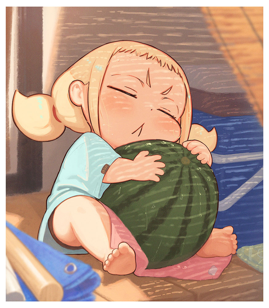 kozato (yu kozato), little blonde girl (kozato), original, commentary request, 1girl, :<, barefoot, blonde hair, blue shirt, closed eyes, closed mouth, cooler, food, fruit, shirt, short eyebrows, short sleeves, short twintails, sitting, soles, solo, thick eyebrows, twintails, v-shaped eyebrows, water drop, watermelon, wide sleeves