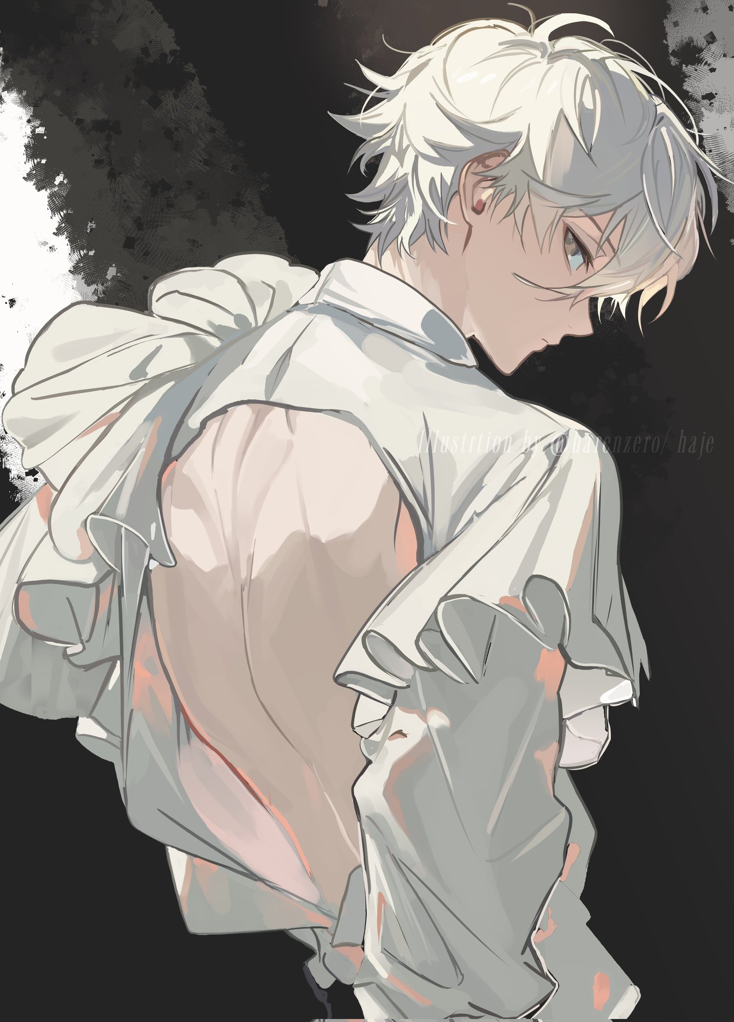 harenzero, nagi seishirou, blue lock, corrupted twitter file, highres, 1boy, alternate costume, back, back cutout, brown eyes, closed mouth, clothing cutout, long sleeves, looking at viewer, male focus, short hair, solo, twitter username, upper body, white hair