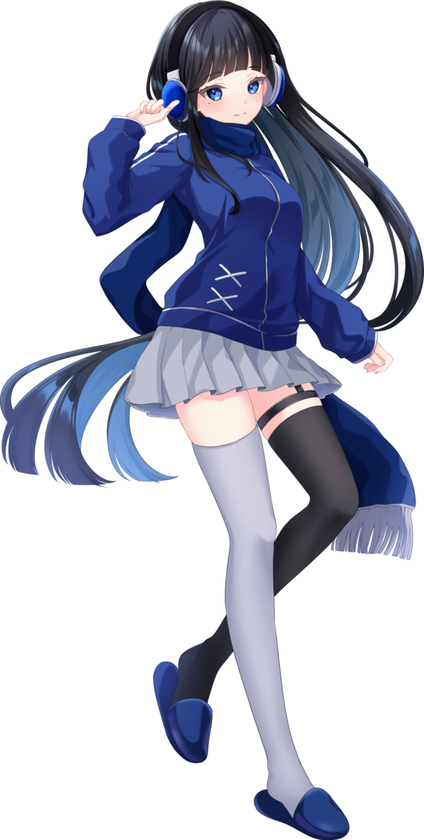 bond en, artist request, 1girl, alternate costume, alternate hairstyle, asymmetrical legwear, black hair, black thighhighs, blue eyes, blue hair, blue jacket, blue scarf, blue shoes, blunt bangs, bondlive, colored eyelashes, erebus grey, full body, gradient hair, grey skirt, grey thighhighs, headphones, jacket, long hair, mismatched legwear, multicolored hair, pleated skirt, scarf, shoes, simple background, skirt, solo, thighhighs, transparent background, virtual youtuber