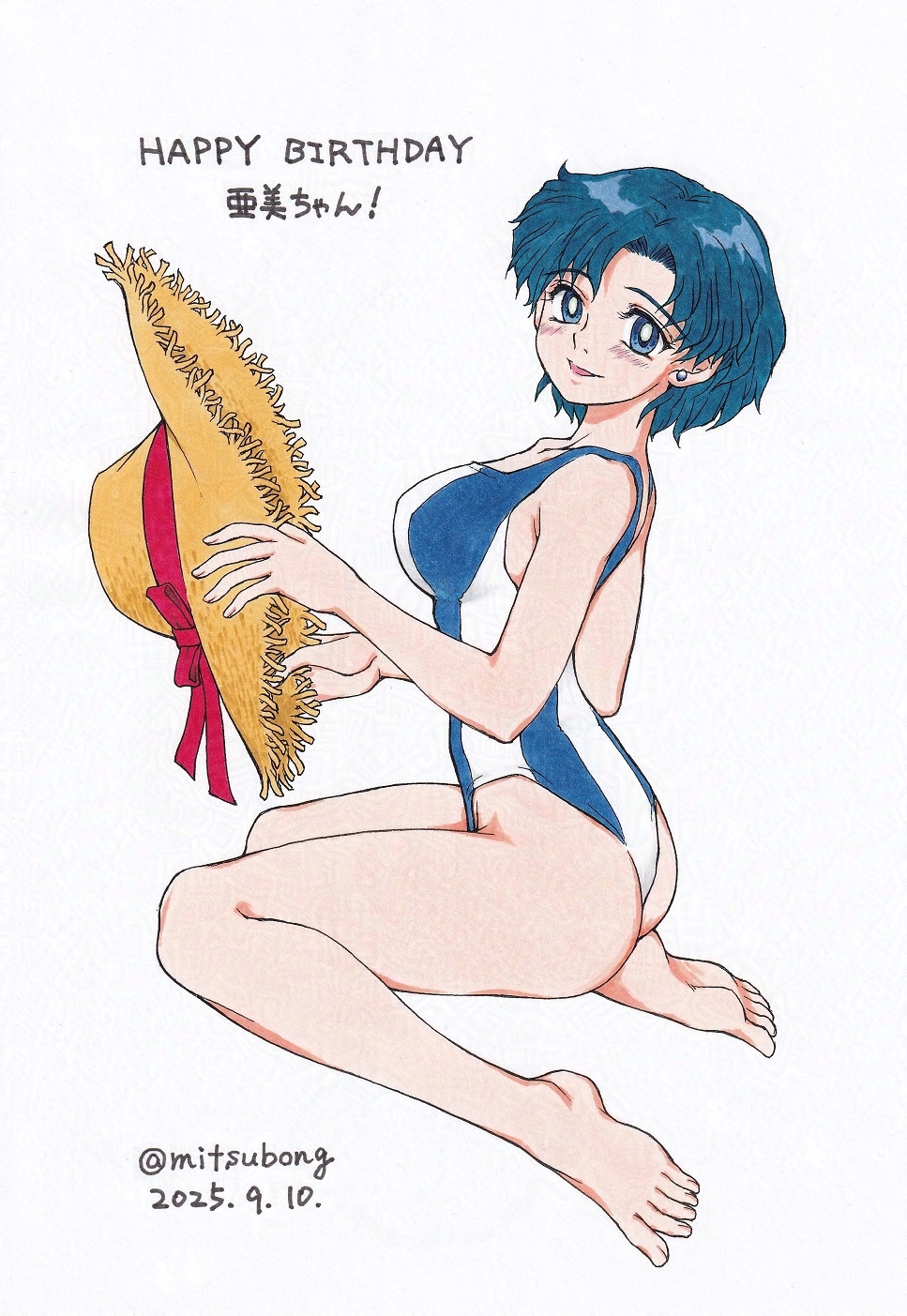 mizuno ami, bishoujo senshi sailor moon, highres, ass, back, blue eyes, blue one-piece swimsuit, breasts, collarbone, earrings, from side, groin, hat, highleg, highleg one-piece swimsuit, holding, holding unworn clothes, holding unworn hat, jewelry, looking at viewer, looking to the side, medium breasts, mitsubong, one-piece swimsuit, parted bangs, sitting, smile, straw hat, striped clothes, striped one-piece swimsuit, stud earrings, swimsuit, unworn hat, unworn headwear, vertical-striped clothes, vertical-striped one-piece swimsuit, wariza, white one-piece swimsuit