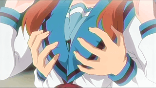 asahina mikuru, suzumiya haruhi no yuuutsu, animated, animated gif, lowres, 00s, breasts, brown hair, grabbing another's breast, groping, long hair, school uniform, serafuku