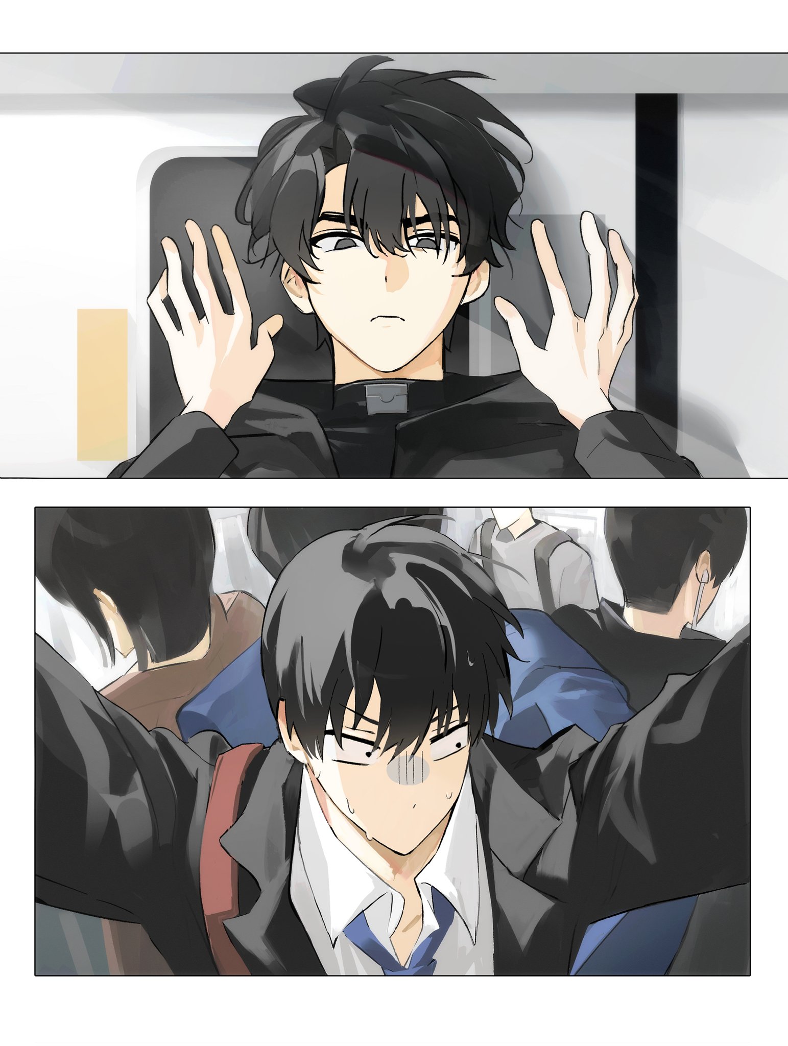 senbe81, kim dokja, yoo joonghyuk, omniscient reader's viewpoint, highres, 2boys, 4others, against wall, averting eyes, black coat, black eyes, black hair, black shirt, blue necktie, coat, collared shirt, curtained hair, frown, hair between eyes, looking at another, multiple boys, multiple others, necktie, panicking, pinned, popped collar, shirt, short hair, sweat, train interior, upper body, white shirt, yaoi