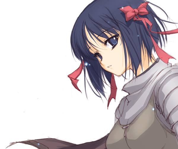 rokuwata tomoe, knight (ragnarok online), ragnarok online, 1girl, blue eyes, blue hair, female focus, knight, matching hair/eyes, ribbon, simple background, solo