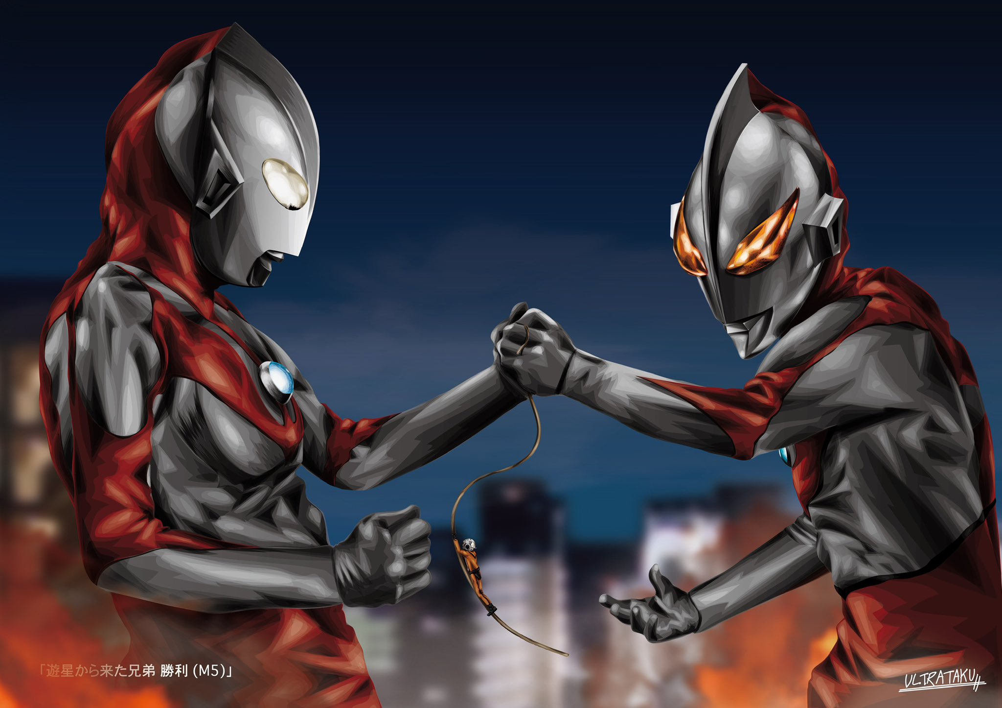 ultrataku, ultraman, ultra series, ultraman (1st series), commentary, highres, 2boys, alien, artist name, battle, blurry, blurry background, building, burning, city, city lights, cityscape, clenched hands, color timer, colored skin, compound eyes, depth of field, doppelganger, dorsal fin, evil eyes, evil smile, fire, giant, giant male, glowing, glowing eyes, hands up, helmet, holding, holding rope, hoshino isamu, imit ultraman, looking at another, male focus, multicolored skin, multiple boys, night, open hand, orange eyes, outdoors, pectorals, red skin, rope, science special search party uniform, signature, silver skin, skyscraper, smile, tokusatsu, toned, toned male, two-tone skin, upper body, white eyes, white helmet, wrinkled skin
