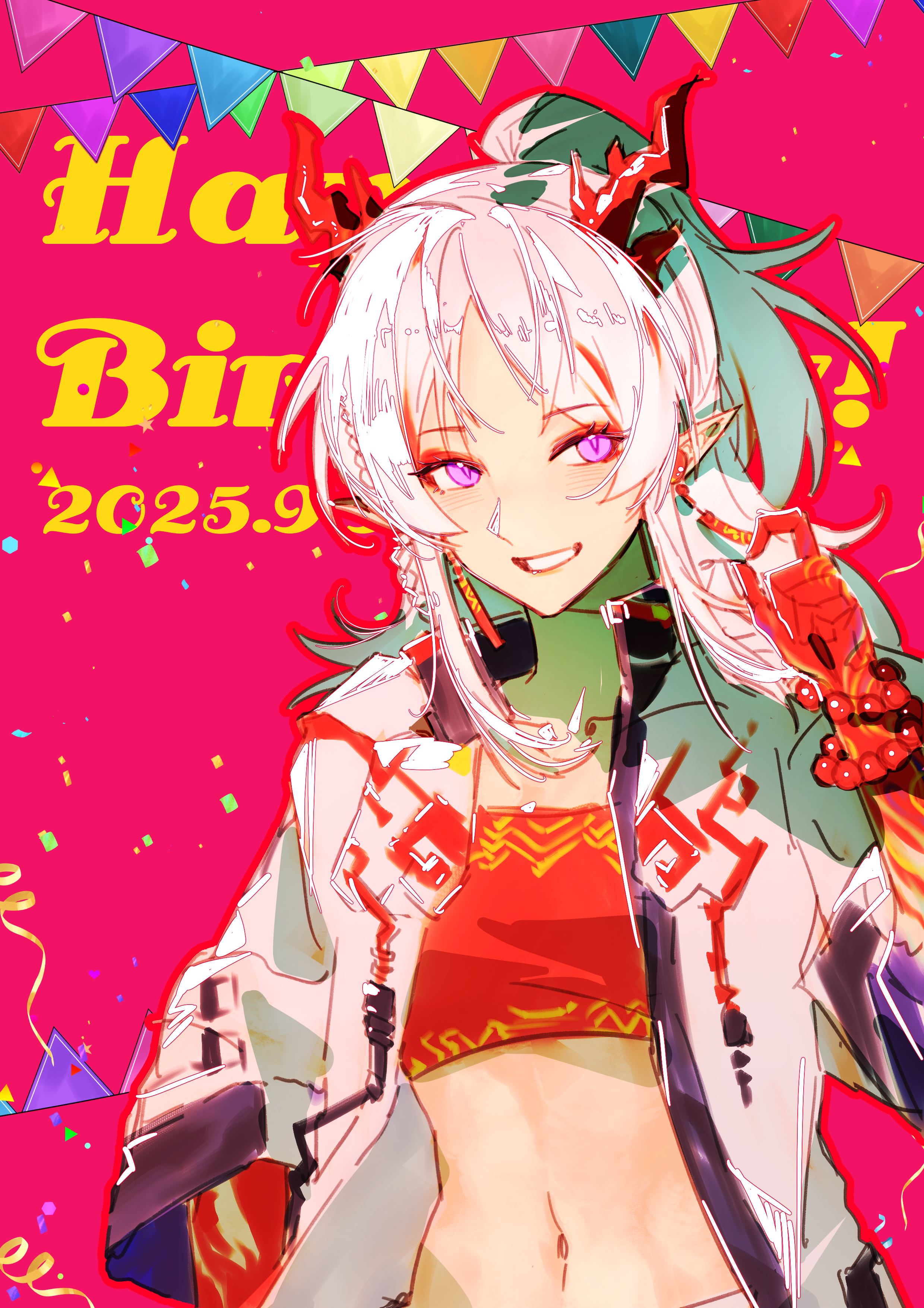 bingyu460, nian (arknights), arknights, absurdres, chinese commentary, commentary request, highres, 1girl, :d, bandeau, beads, bunting, colored extremities, confetti, crop top, dragon girl, dragon horns, earrings, grin, hand up, horns, jacket, jewelry, light blush, looking at viewer, medium hair, midriff, multicolored hair, navel, open clothes, open jacket, open mouth, pennant, pointy ears, purple eyes, red background, red bandeau, red hair, smile, solo, streaked hair, streamers, upper body, white hair, white jacket