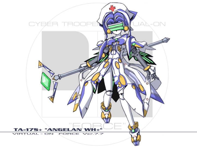 rokuwata tomoe, angelan, virtual on, 1girl, copyright name, cross, cross print, english text, female focus, full body, hat, holding, holding staff, mecha, nurse cap, robot, solo, staff